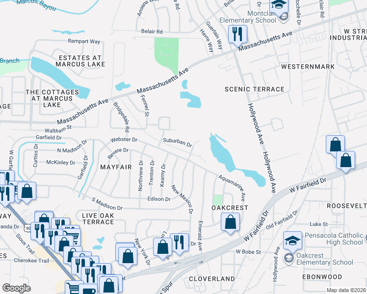 map of restaurants, bars, coffee shops, grocery stores, and more near 1215 Suburban Drive in Pensacola
