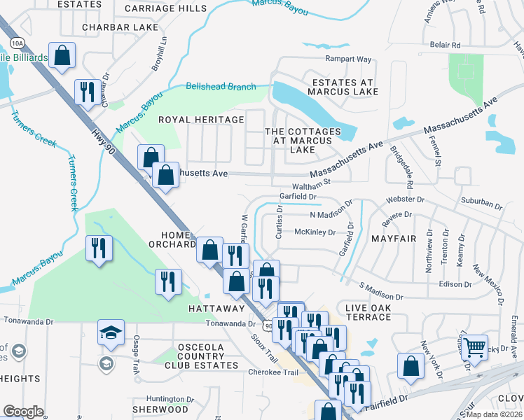 map of restaurants, bars, coffee shops, grocery stores, and more near 157 Garfield Drive in Pensacola