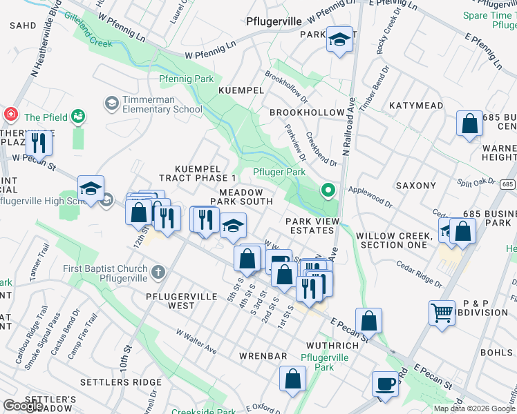map of restaurants, bars, coffee shops, grocery stores, and more near 503 Green Valley Cove in Pflugerville