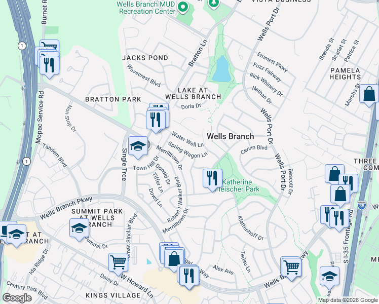 map of restaurants, bars, coffee shops, grocery stores, and more near 2405 Water Well Lane in Austin
