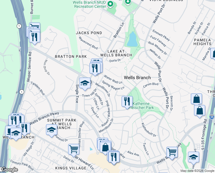 map of restaurants, bars, coffee shops, grocery stores, and more near 2502 Spring Wagon Lane in Austin