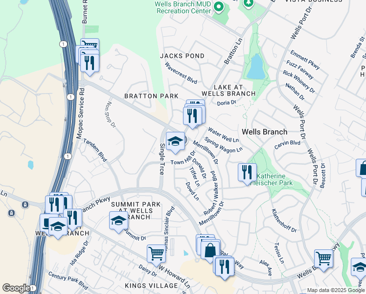 map of restaurants, bars, coffee shops, grocery stores, and more near 14735 Bratton Lane in Austin