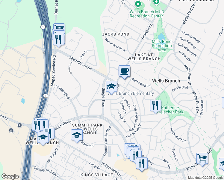 map of restaurants, bars, coffee shops, grocery stores, and more near 14666 Merrilltown Drive in Austin