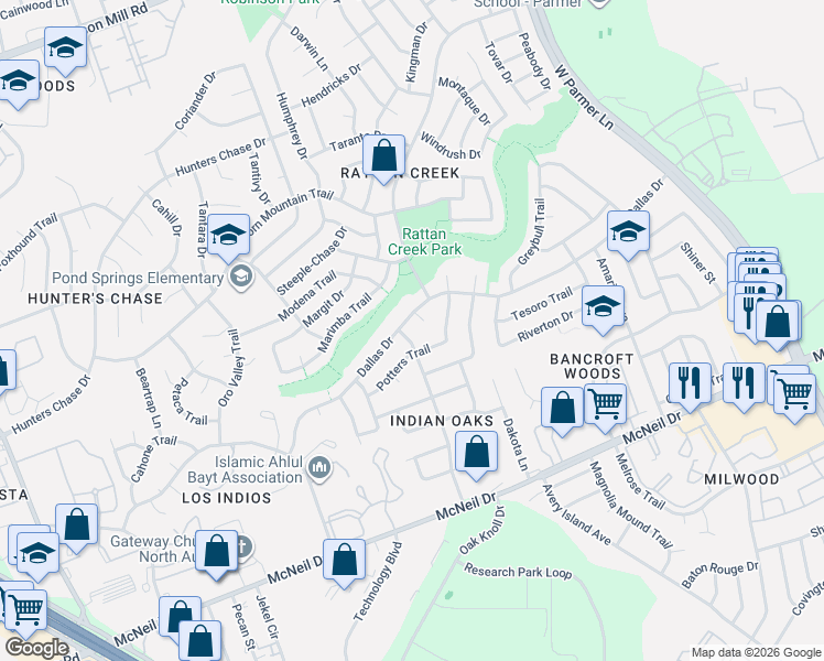 map of restaurants, bars, coffee shops, grocery stores, and more near 7412 Dallas Drive in Austin