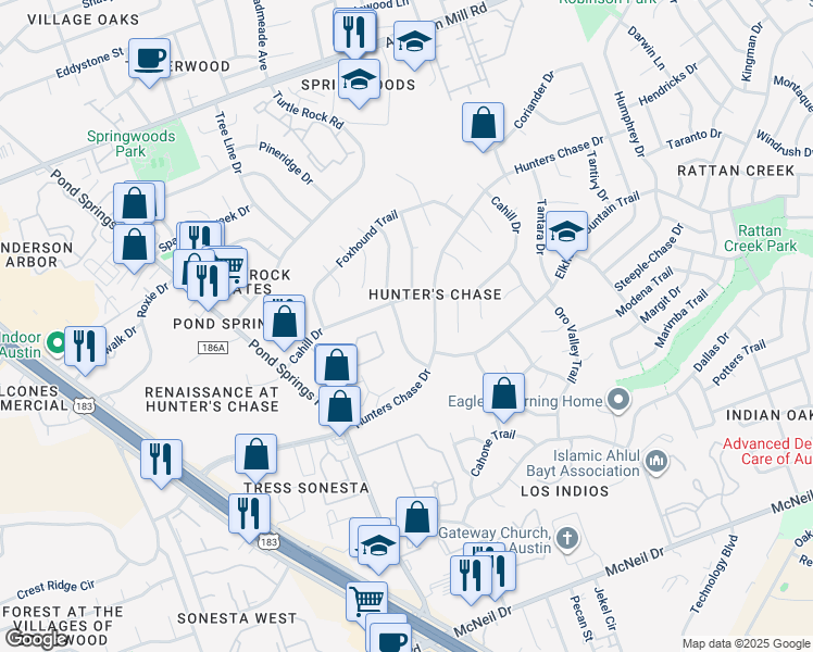 map of restaurants, bars, coffee shops, grocery stores, and more near 8315 Cahill Drive in Austin