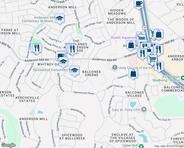 map of restaurants, bars, coffee shops, grocery stores, and more near 9913 Anderson Mill Road in Austin