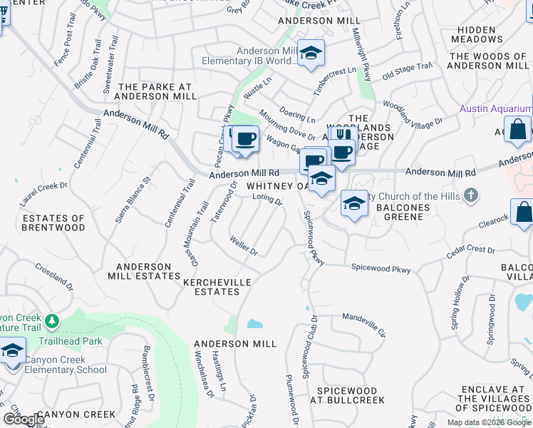 map of restaurants, bars, coffee shops, grocery stores, and more near 11507 Dosshills Drive in Austin