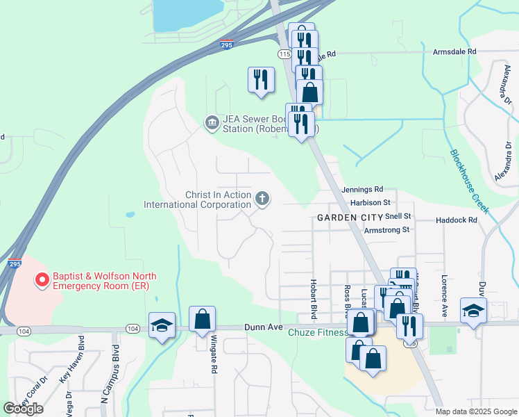 map of restaurants, bars, coffee shops, grocery stores, and more near 11650 Jerry Adams Court in Jacksonville