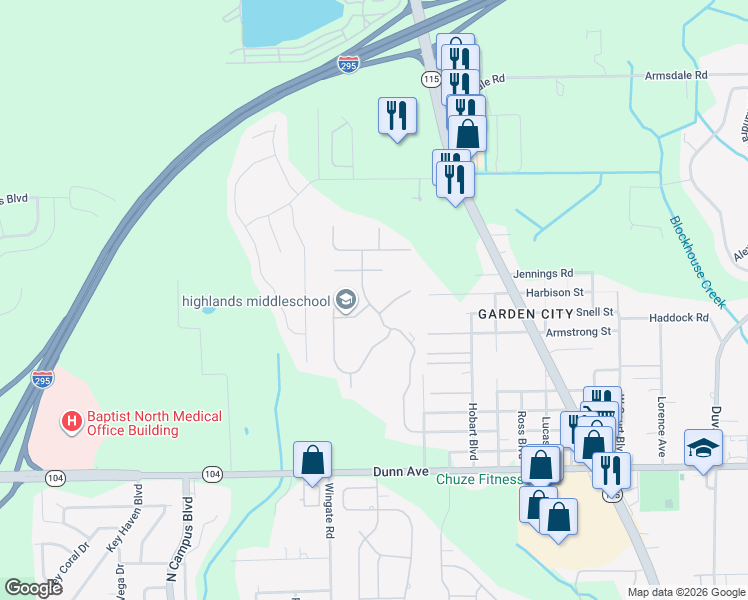 map of restaurants, bars, coffee shops, grocery stores, and more near 11573 Jerry Adams Drive in Jacksonville