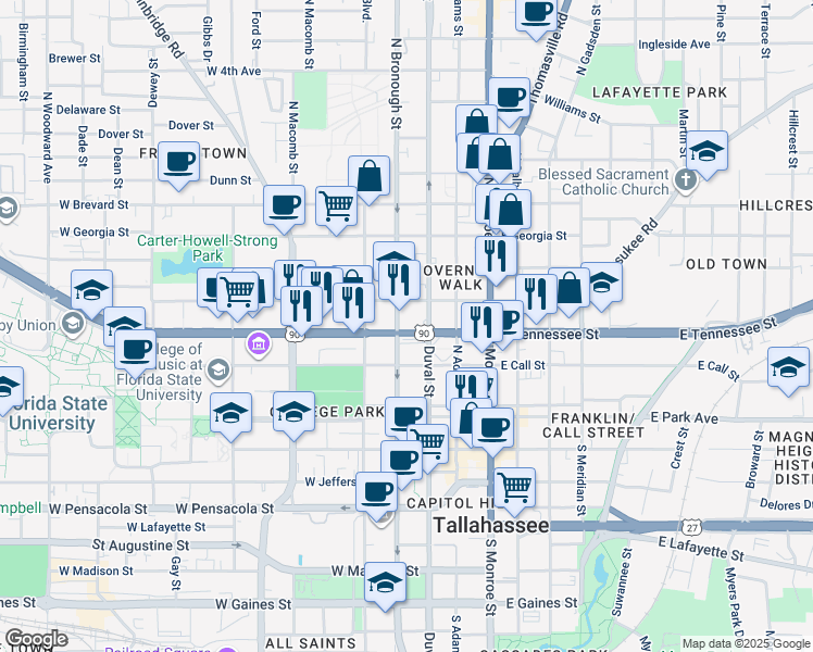 map of restaurants, bars, coffee shops, grocery stores, and more near 201-225 West Virginia Street in Tallahassee