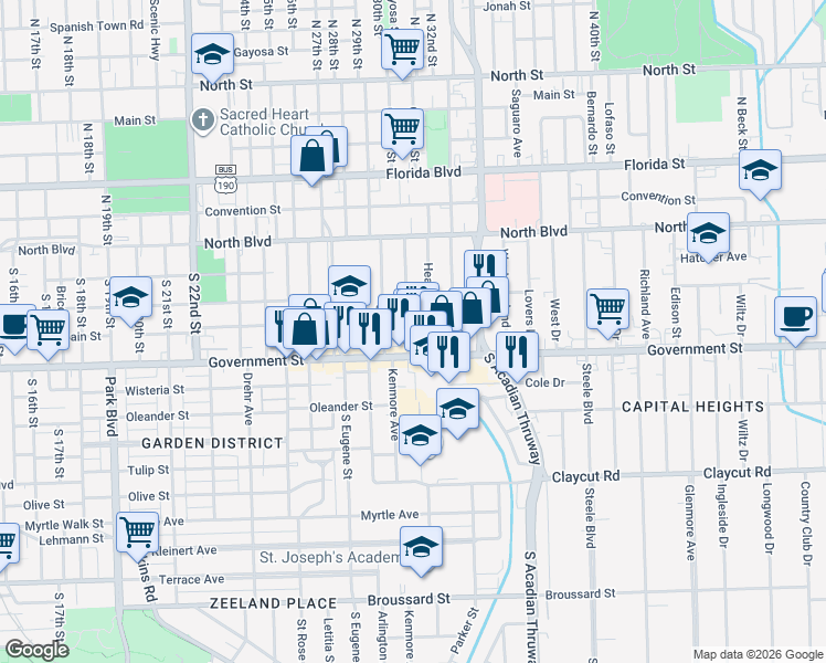 map of restaurants, bars, coffee shops, grocery stores, and more near 332 Bedford Drive in Baton Rouge