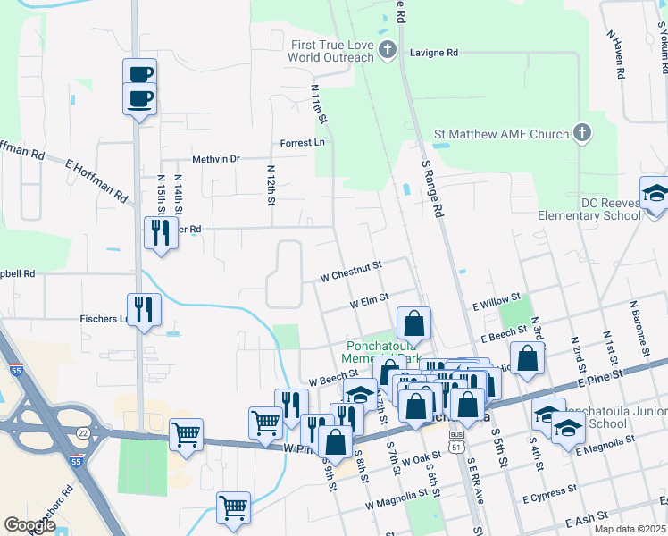 map of restaurants, bars, coffee shops, grocery stores, and more near 645 North 7th Street in Ponchatoula