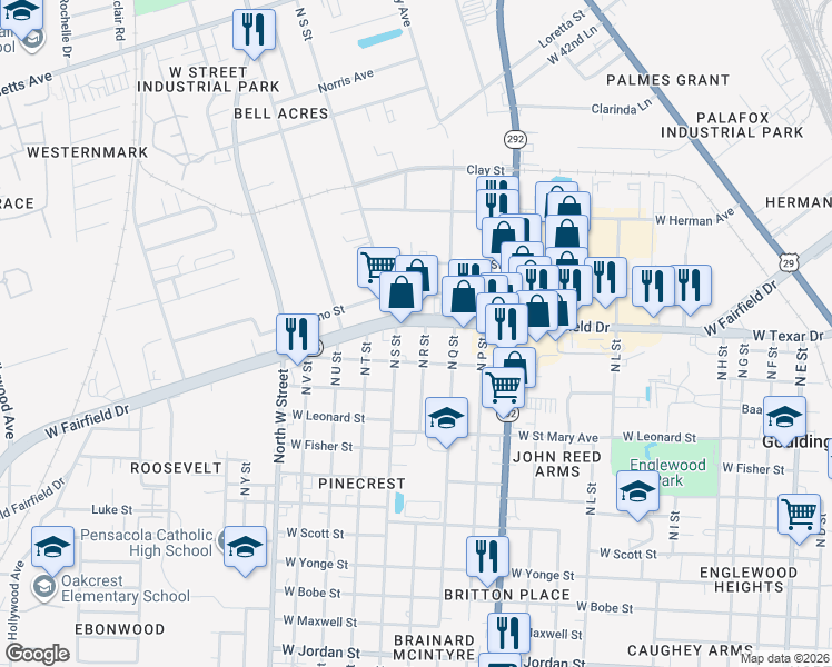 map of restaurants, bars, coffee shops, grocery stores, and more near 2274-2298 West Fairfield Drive in Pensacola