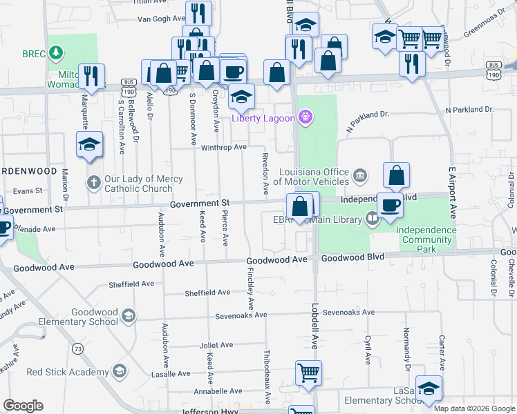 map of restaurants, bars, coffee shops, grocery stores, and more near 614 Goodridge Way in Baton Rouge