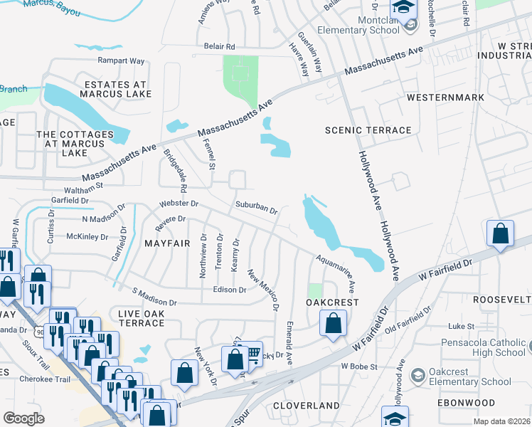 map of restaurants, bars, coffee shops, grocery stores, and more near 1215 Suburban Drive in Pensacola