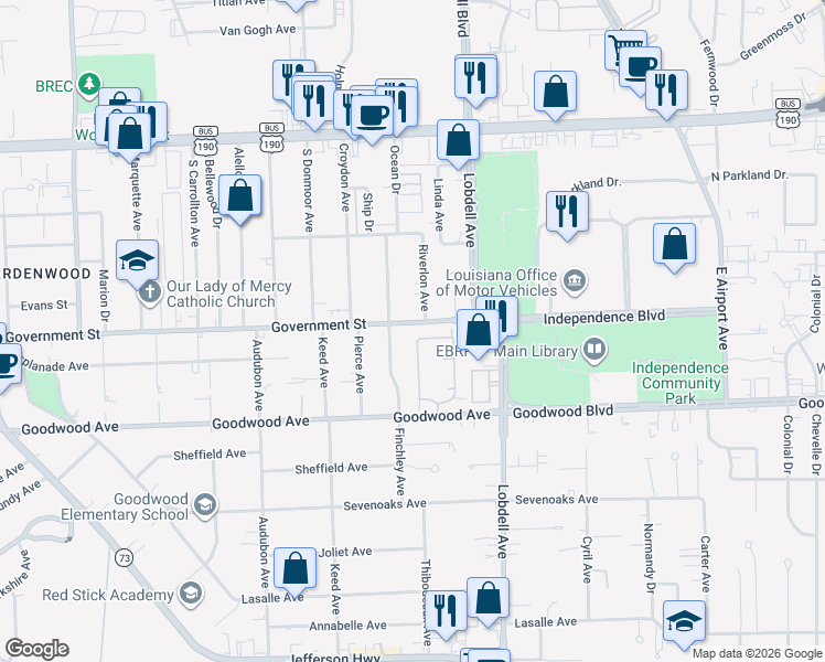 map of restaurants, bars, coffee shops, grocery stores, and more near 7241 Government Street in Baton Rouge