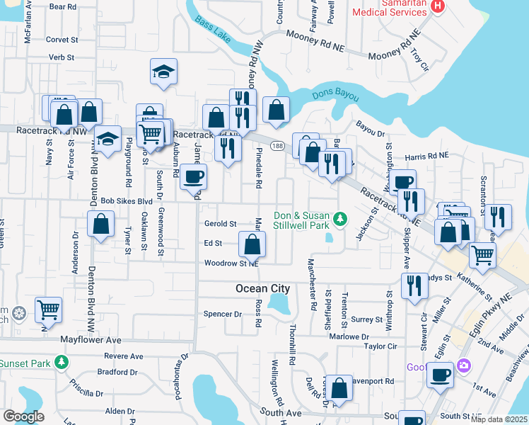 map of restaurants, bars, coffee shops, grocery stores, and more near 500 Division Street in Fort Walton Beach