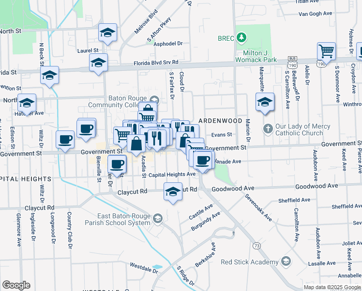 map of restaurants, bars, coffee shops, grocery stores, and more near 5621 Government Street in Baton Rouge