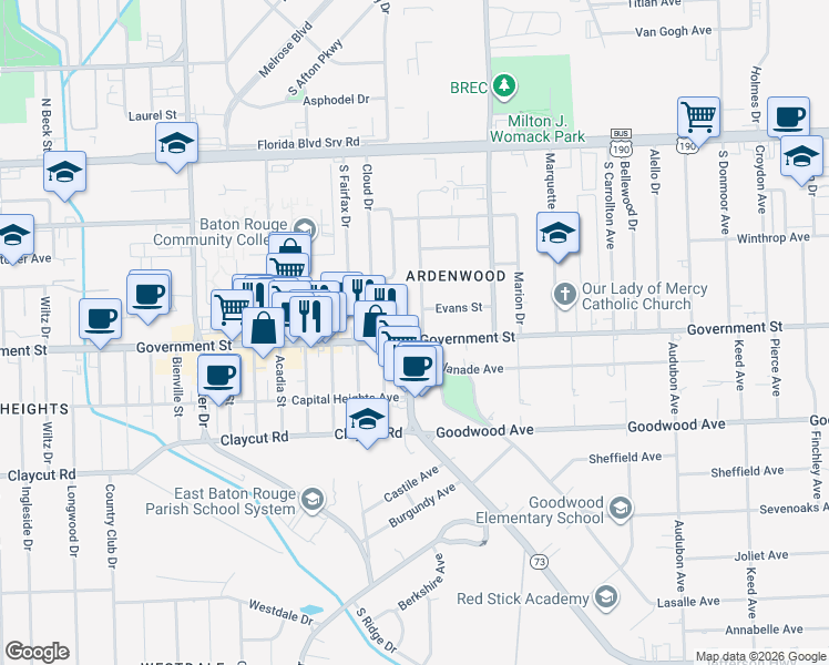 map of restaurants, bars, coffee shops, grocery stores, and more near 440 Saint Thomas Lane in Baton Rouge