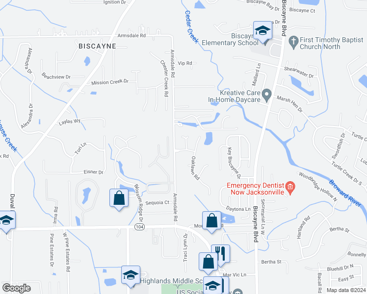 map of restaurants, bars, coffee shops, grocery stores, and more near 11550 Oak Meadow Lane in Jacksonville