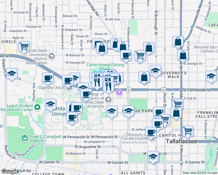 map of restaurants, bars, coffee shops, grocery stores, and more near 608 West Tennessee Street in Tallahassee