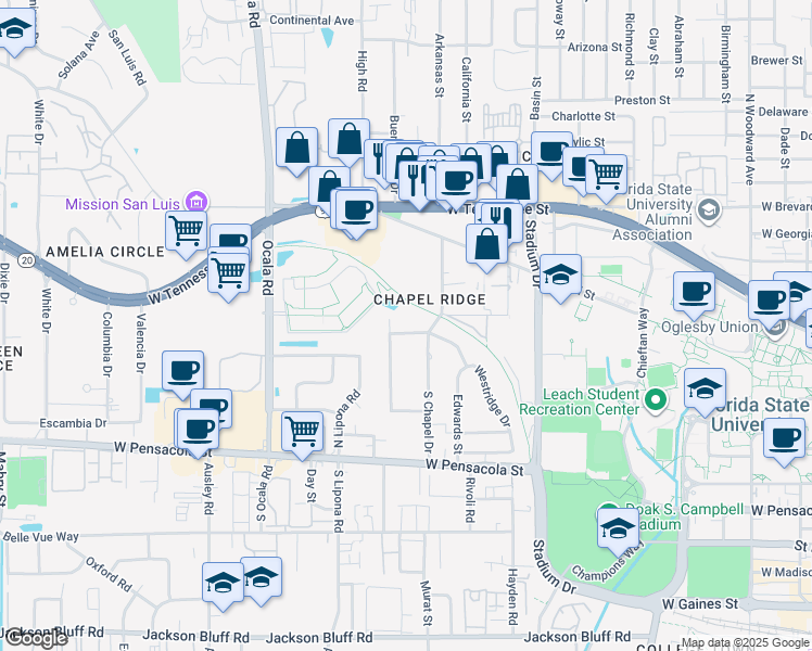 map of restaurants, bars, coffee shops, grocery stores, and more near 1806 Westridge Drive in Tallahassee