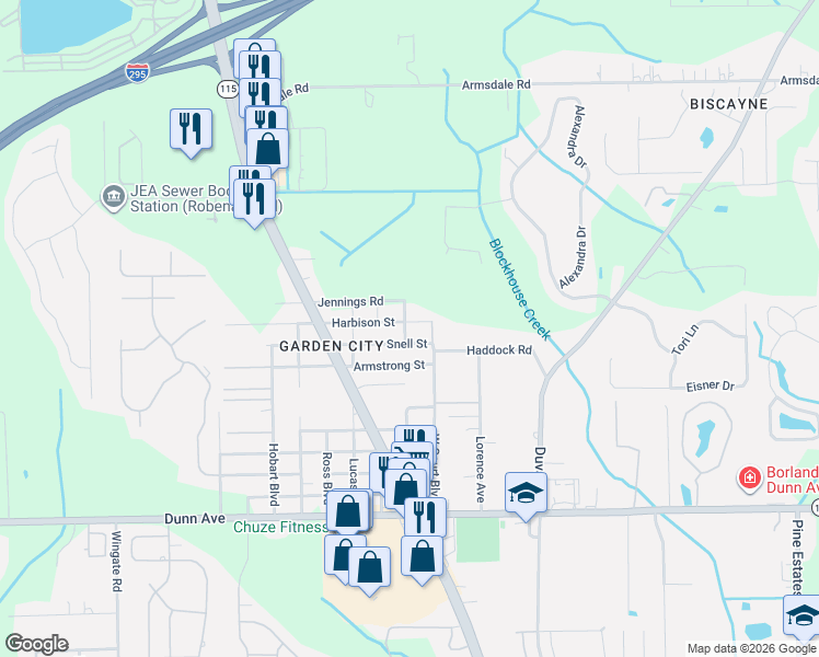 map of restaurants, bars, coffee shops, grocery stores, and more near 11611 Raft Road in Jacksonville