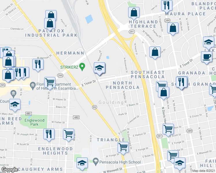 map of restaurants, bars, coffee shops, grocery stores, and more near 3221 North Guillemard Street in Pensacola