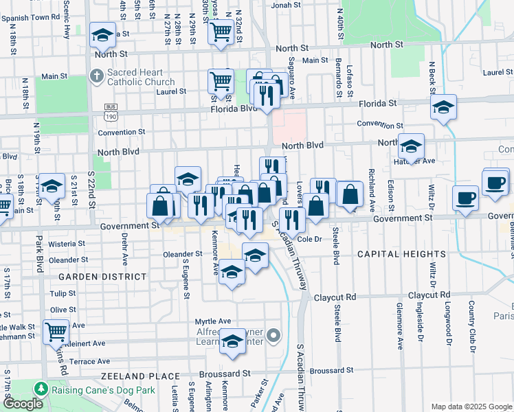 map of restaurants, bars, coffee shops, grocery stores, and more near 350 South Acadian Thruway in Baton Rouge