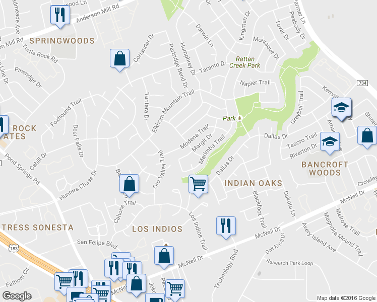 map of restaurants, bars, coffee shops, grocery stores, and more near 12717 Modena Trail in Austin