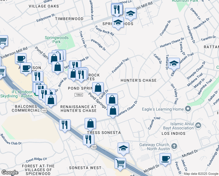 map of restaurants, bars, coffee shops, grocery stores, and more near 8527 Foxhound Trail in Austin