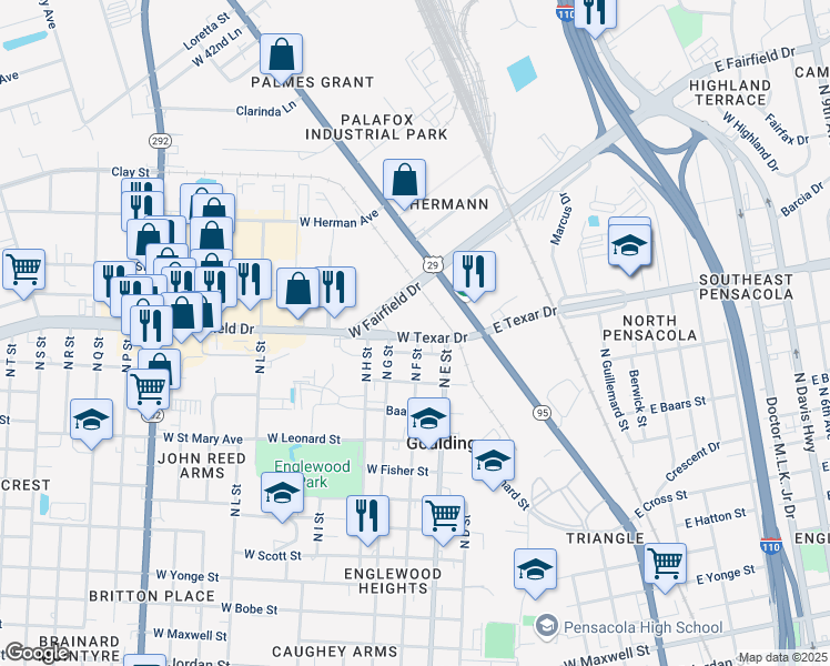 map of restaurants, bars, coffee shops, grocery stores, and more near 911 West Texar Drive in Pensacola