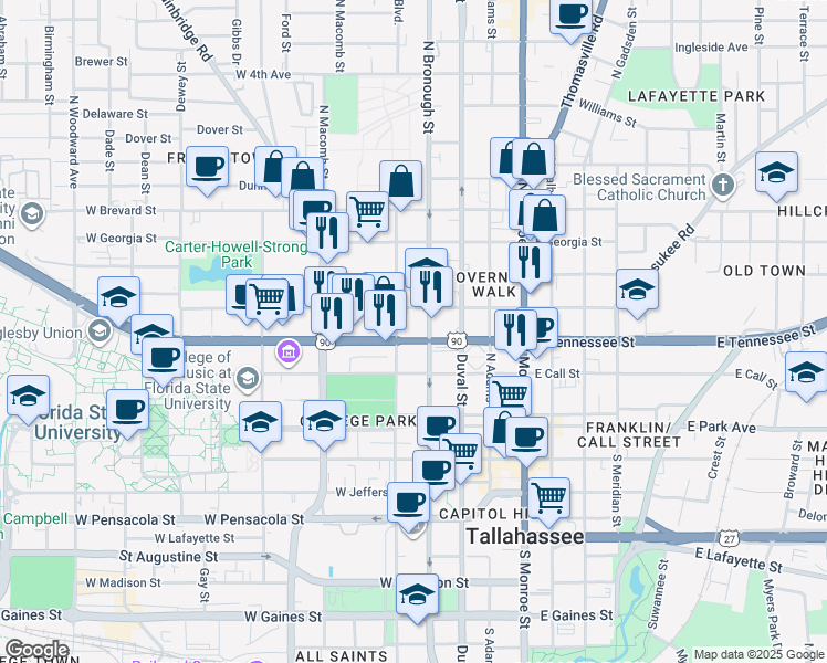 map of restaurants, bars, coffee shops, grocery stores, and more near 316 West Tennessee Street in Tallahassee