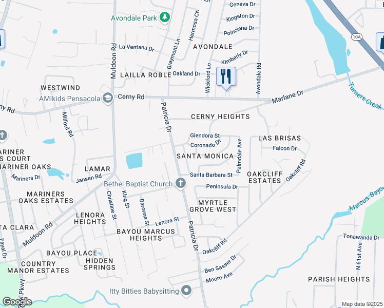 map of restaurants, bars, coffee shops, grocery stores, and more near 7143 Coronado Drive in Pensacola