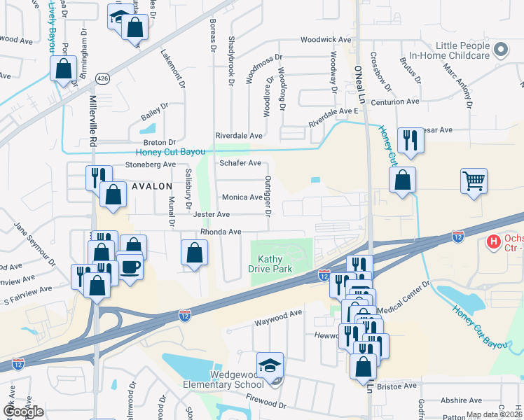 map of restaurants, bars, coffee shops, grocery stores, and more near 15446 Monica Avenue in Baton Rouge