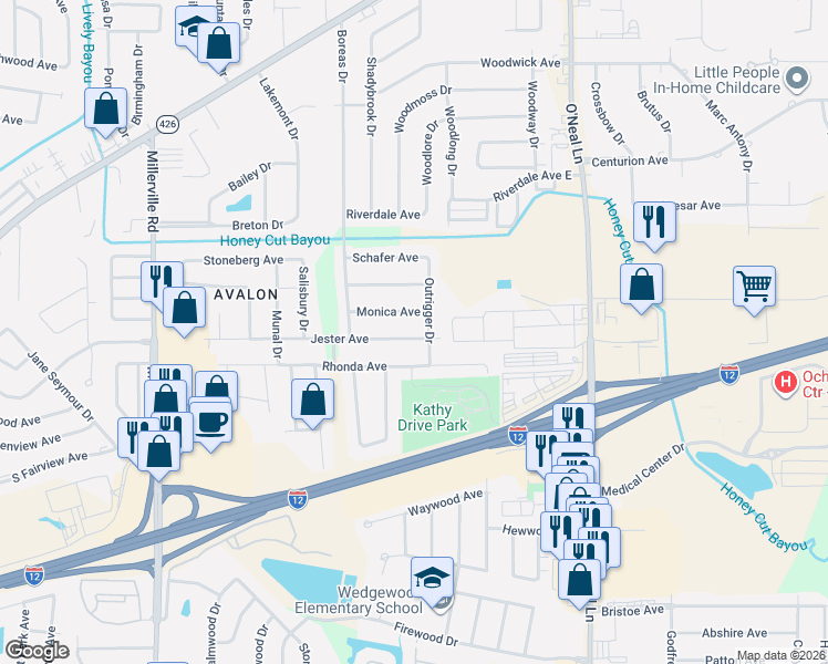 map of restaurants, bars, coffee shops, grocery stores, and more near 15446 Monica Avenue in Baton Rouge