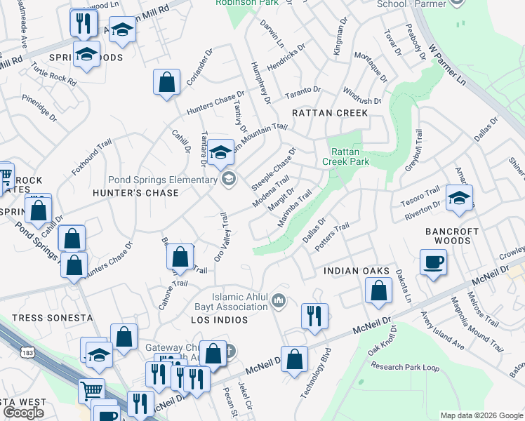 map of restaurants, bars, coffee shops, grocery stores, and more near 12717 Modena Trail in Austin
