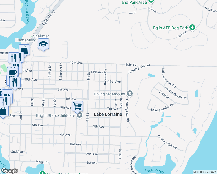map of restaurants, bars, coffee shops, grocery stores, and more near 69 11th Street in Shalimar