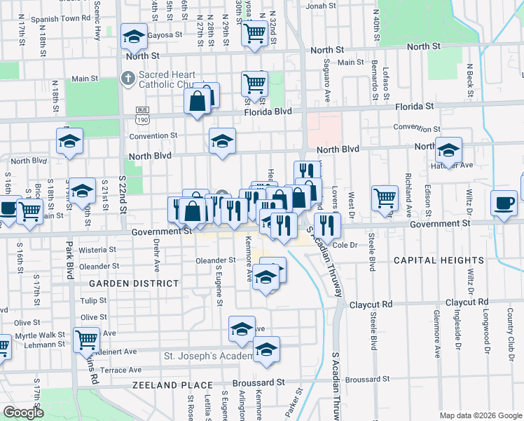 map of restaurants, bars, coffee shops, grocery stores, and more near 332 Bedford Drive in Baton Rouge
