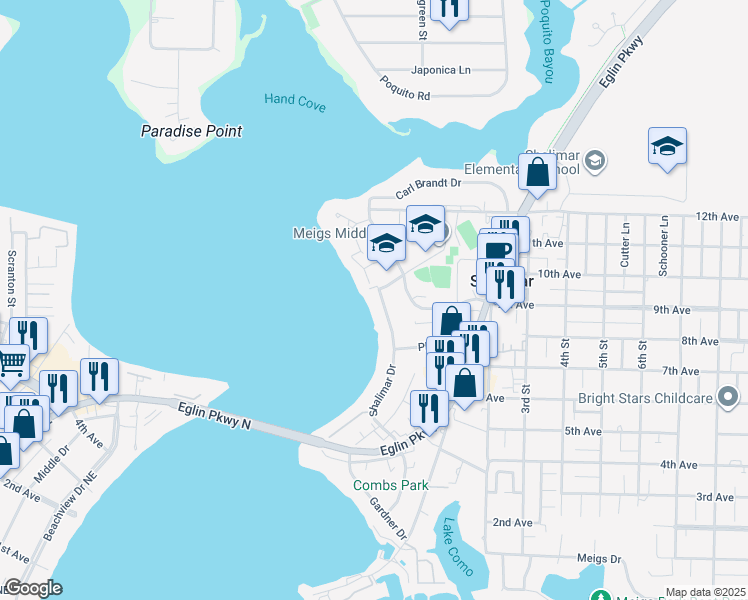 map of restaurants, bars, coffee shops, grocery stores, and more near 2550 Palm Shores Drive in Shalimar