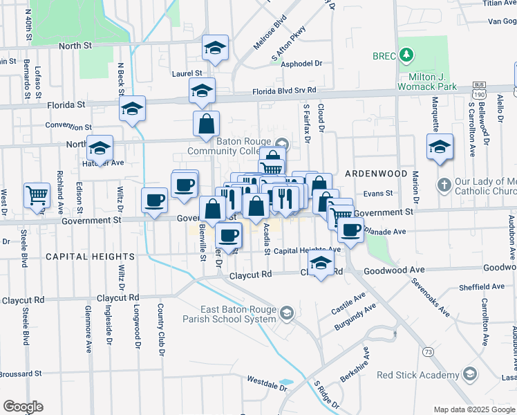 map of restaurants, bars, coffee shops, grocery stores, and more near 5355 Government Street in Baton Rouge