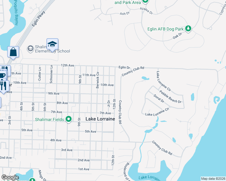 map of restaurants, bars, coffee shops, grocery stores, and more near 67 12th Street in Shalimar
