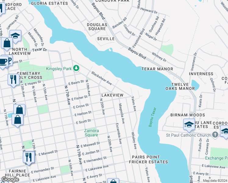 map of restaurants, bars, coffee shops, grocery stores, and more near 2770 Magnolia Avenue in Pensacola