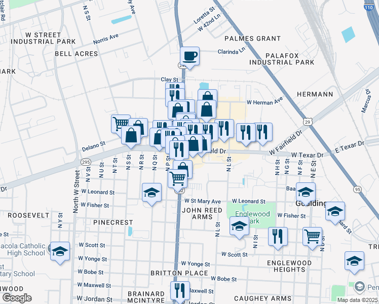 map of restaurants, bars, coffee shops, grocery stores, and more near 1790 West Fairfield Drive in Pensacola
