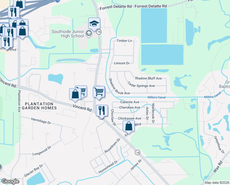 map of restaurants, bars, coffee shops, grocery stores, and more near 26107 Shadow Brook Avenue in Denham Springs