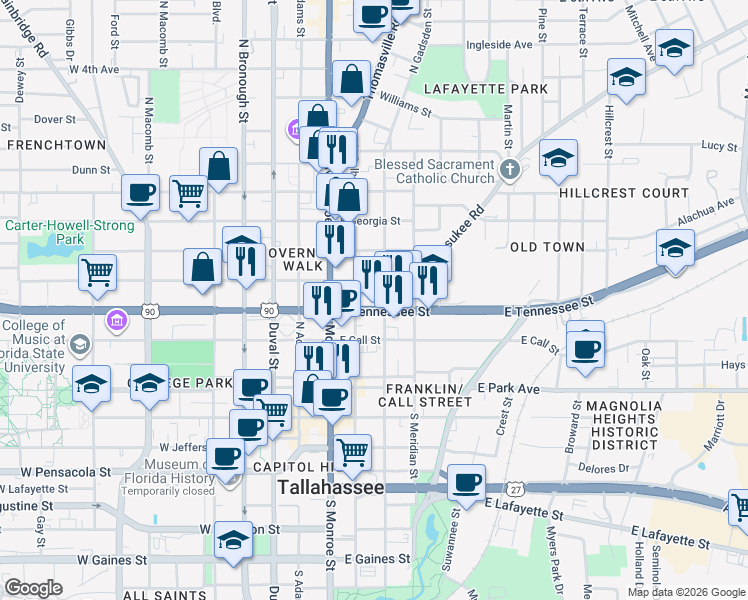 map of restaurants, bars, coffee shops, grocery stores, and more near 317 East Virginia Street in Tallahassee
