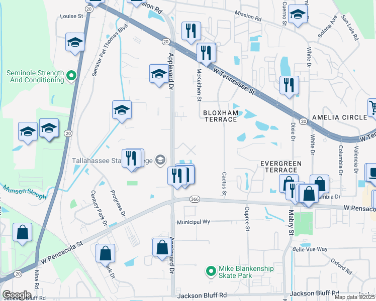 map of restaurants, bars, coffee shops, grocery stores, and more near 445 Appleyard Drive in Tallahassee