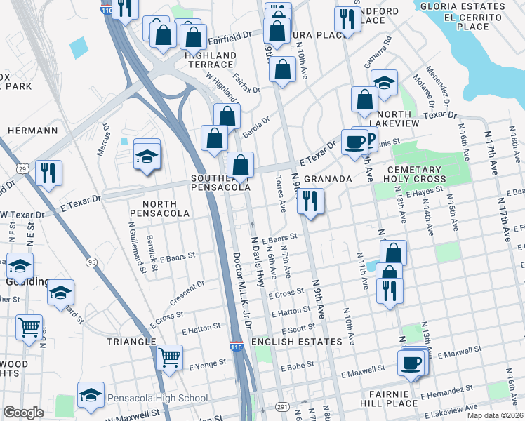 map of restaurants, bars, coffee shops, grocery stores, and more near 3101 North 6th Avenue in Pensacola