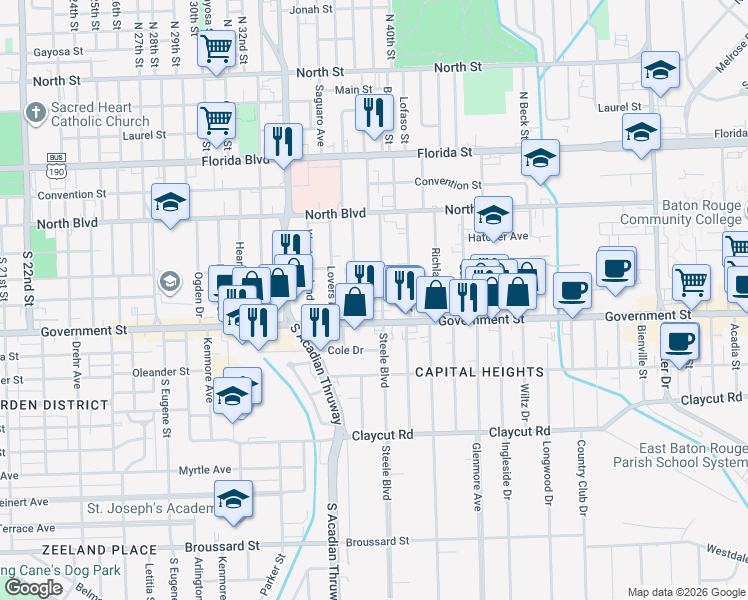 map of restaurants, bars, coffee shops, grocery stores, and more near 363 Steele Boulevard in Baton Rouge
