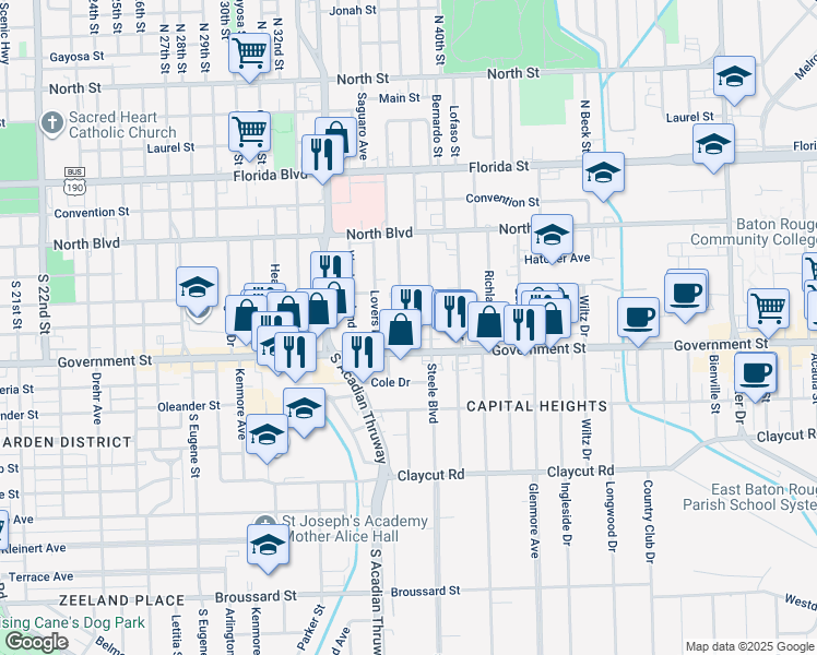 map of restaurants, bars, coffee shops, grocery stores, and more near 340 West Drive in Baton Rouge